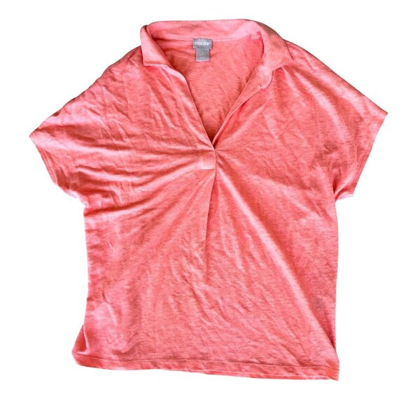 Chicos Top Size 1 Medium Linen Tangerine V Neck Pullover Collared Casual READ - Picture 3 of 8